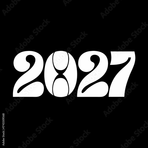 White 2027 numbers with a unique retro font featuring an hourglass-like zero on a black background year
