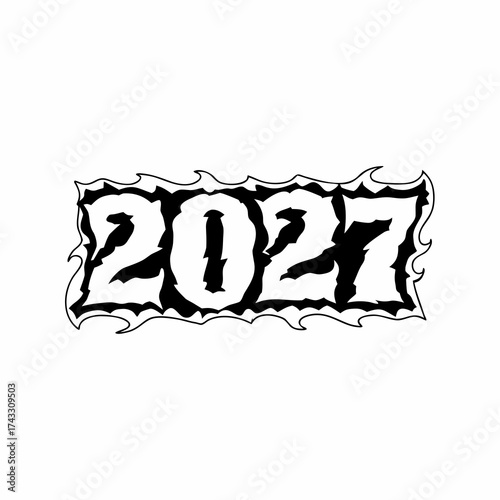 Black outlined numbers 2027 with white fill and flame-like border on white background year