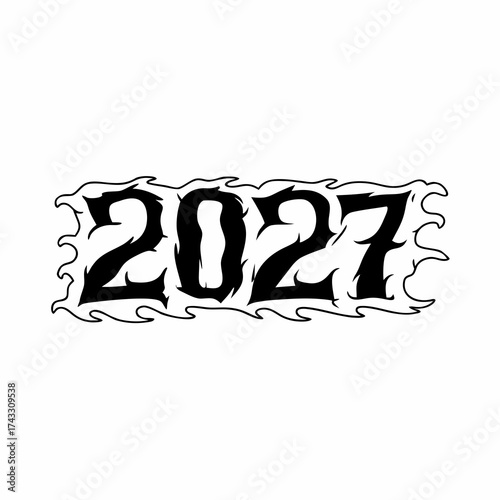 Bold black 2027 numbers with sharp outlined flame border on white background Keywords: 2027, year, future, new year, celebration, graphic, design, typography, text, number, numeral, digit