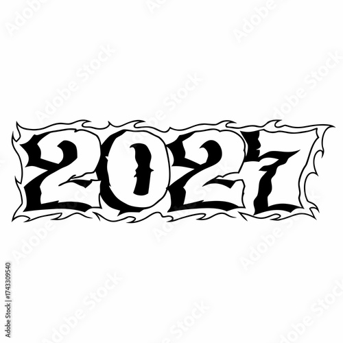 Black 2027 numbers with detailed flame-like border and shading on white background Keywords: 2027, year, future, new year, celebration, graphic, design, typography, text, number, numeral, digit