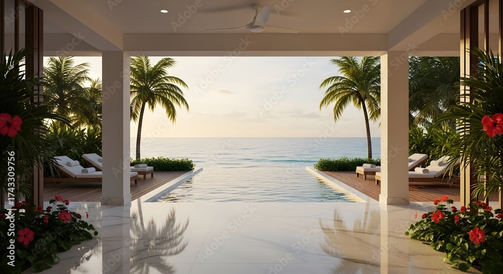 Fototapeta premium Luxurious infinity pool overlooking a tropical ocean sunset