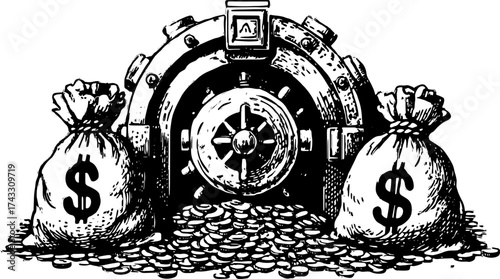 Vault filled with coins and bags of money. Detailed vector illustration showcasing a classic design of savings and finance.