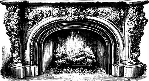 Vintage engraved fireplace with intricate floral design. Elegant silhouette drawing displayed as a fine ornate structure vector illustration.