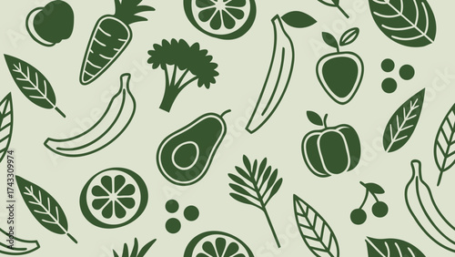 Seamless vector pattern featuring healthy food icons like fruits, vegetables, and leaves on green background