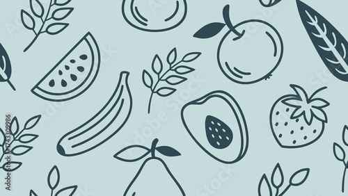 Seamless vector pattern featuring healthy food icons like fruits, vegetables, and leaves on blue background