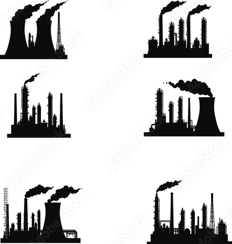 Industrial factory smoke silhouette, power plant chimneys, refinery buildings, chemical plant structures, heavy industry architecture, air pollution concept, environmental impact illustration vector