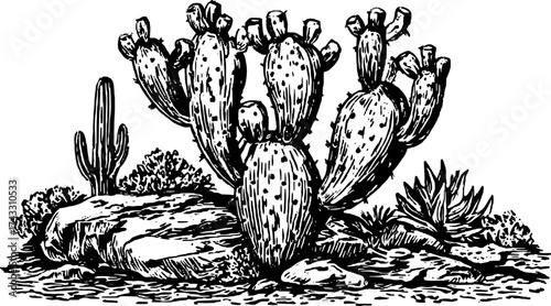 Black and white cactus illustration in vintage outline style. A detailed engraving of desert plants and rock in a botanical set vector drawing.
