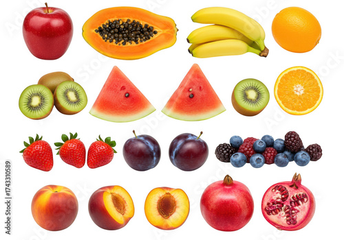 Vibrant assortment of fresh fruits delicious healthy produce collection natural goodness transparent background