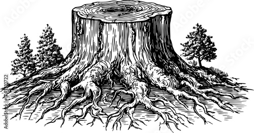 Tree stump with roots depicted in a black and white outline style. Vintage vector illustration presenting natural scenery as a set.