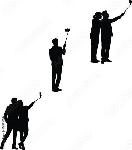 Silhouette people taking selfies, couple and single person with selfie stick, group photo concept, modern social media lifestyle, smartphone photography trend