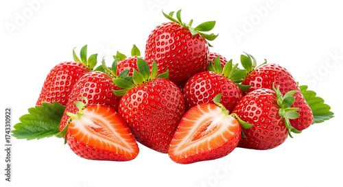 Fresh ripe strawberries with green leaves isolated on black background