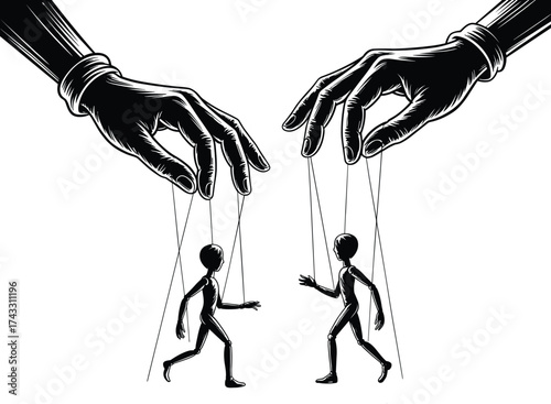 Silhouette puppet master control, human marionette manipulation, hands pulling strings, power dominance metaphor, black and white illustration, symbolic social influence concept