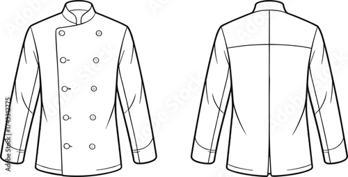 Technical flat sketch of chef jacket, double breasted design, stand collar, cuffed sleeves, front and back view, garment construction illustration