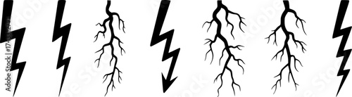 Collection of Black Lightning Bolt and Branching Lightning Strike Silhouettes