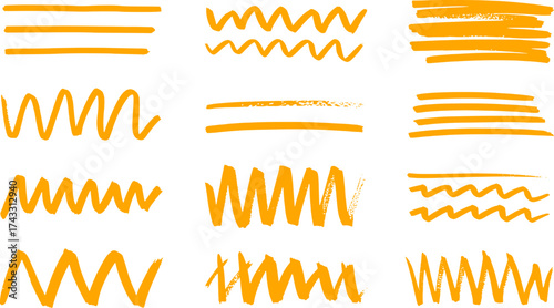 Collection of Yellow Hand-Drawn Lines and Squiggles on White Background