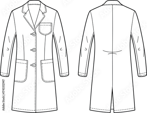 Technical flat sketch of lab coat, front and back view, notched lapel collar, patch pockets, button closure, garment construction illustration