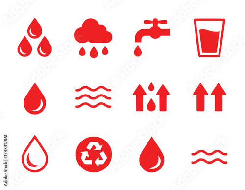 Red Icons Representing Water, Rain, Recycling, and Flow