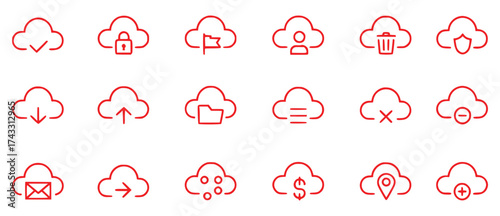 Red Cloud Icons Representing Various Digital Services and Functions