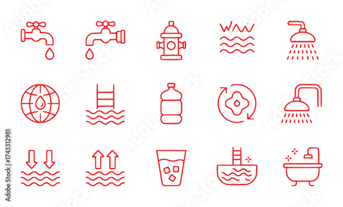 Red Line Icons Representing Water and Related Concepts