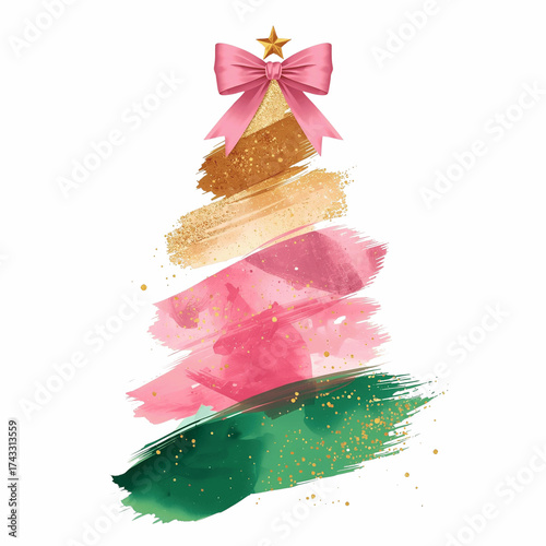 Modern Christmas tree made of artistic paint brush strokes in pink gold and green tones with pink ribbon and golden star in watercolor style
