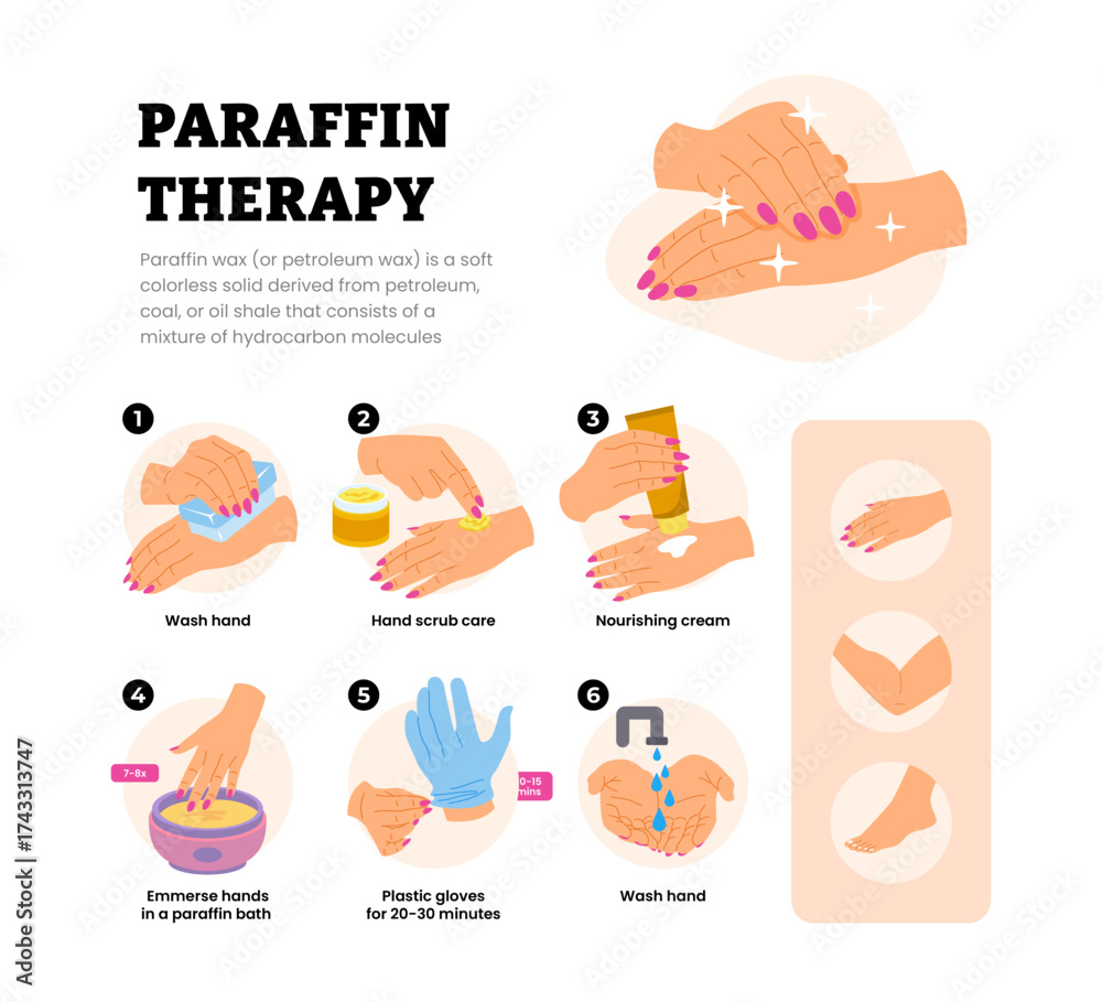 Fototapeta premium Paraffin wax therapy steps poster design for hands injury. Woman hands skincare procedure infographic treatment. Labeled hand scrub care, nourishing cream. Cosmetic salon wellness for skin treatment.
