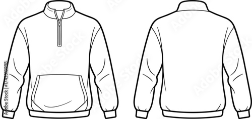 Technical flat sketch of quarter zip pullover sweatshirt front and back view, kangaroo pocket, ribbed cuffs and hem, apparel fashion template