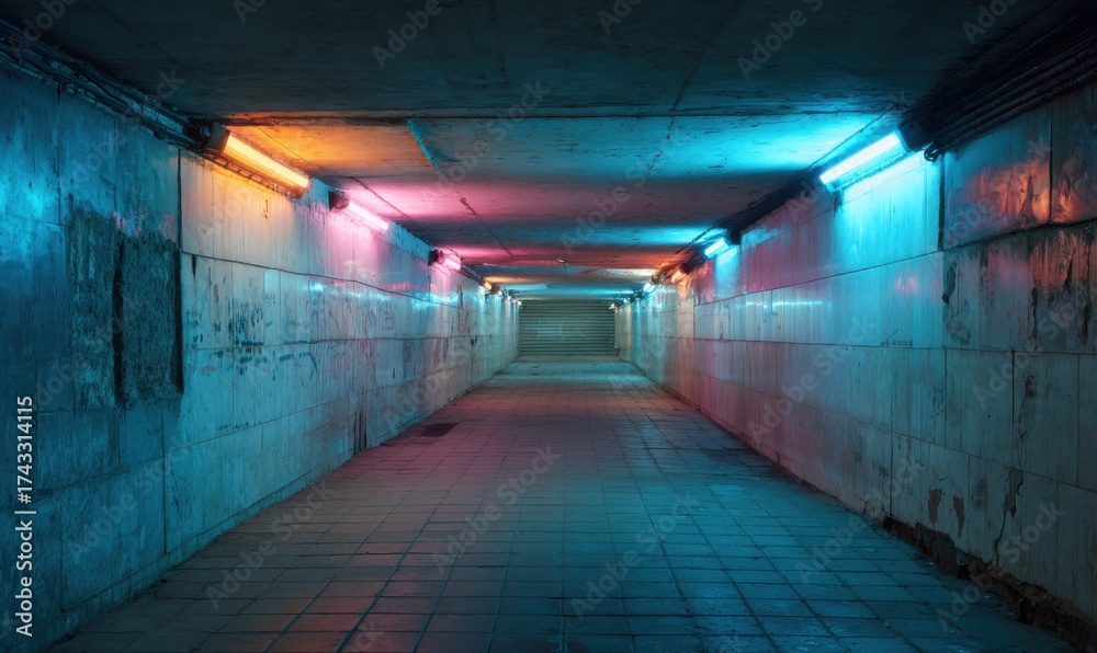 Fototapeta premium Illuminated Tunnel with Colorful Lights and Graffiti.