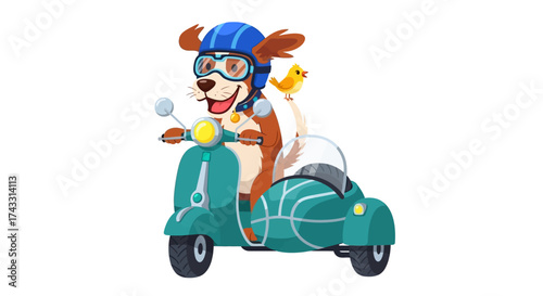 Cartoon dog wearing helmet and goggles riding scooter with sidecar on white background