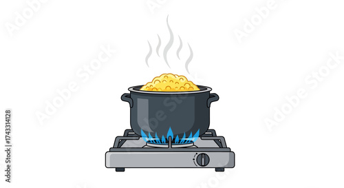 Illustration of a Steaming Pot on a Gas Stove with Cooking Food Preparation  Heating