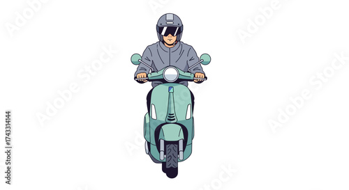 Illustration of a man with helmet riding a light blue scooter on white background showing mobility
