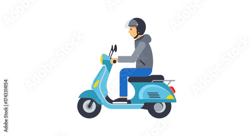 Flat vector illustration of a man riding a blue scooter wearing a helmet safety first