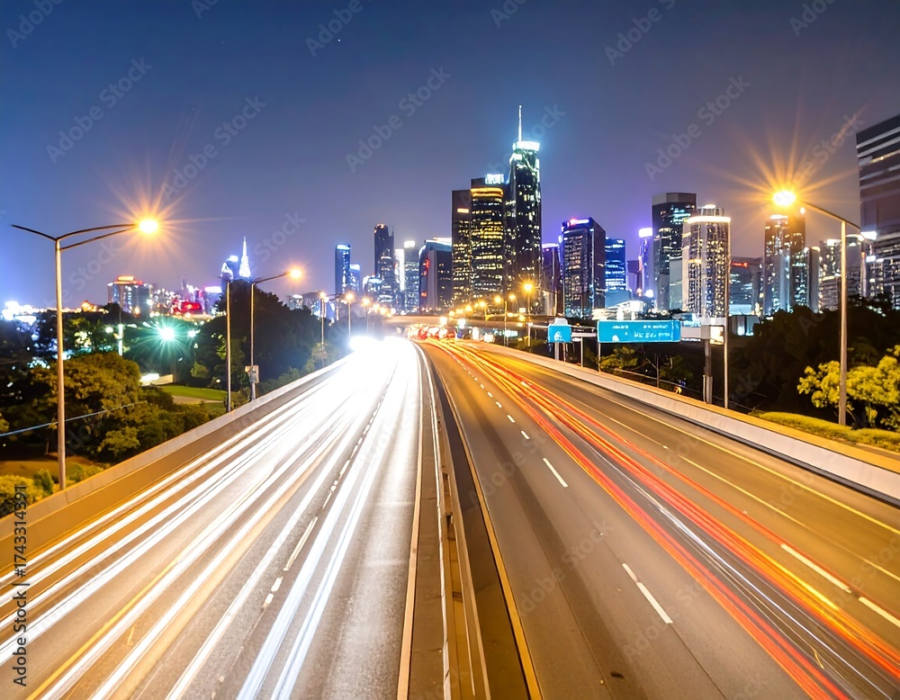 Fototapeta premium Vibrant city skyline and highway light trails