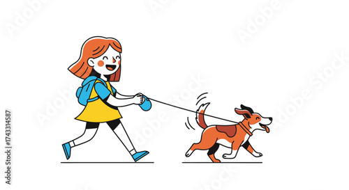 A cheerful girl walking her energetic dog illustration for children and pet lovers
