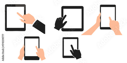 Set of different angles hand holding tablet svg vector file on transparent background.