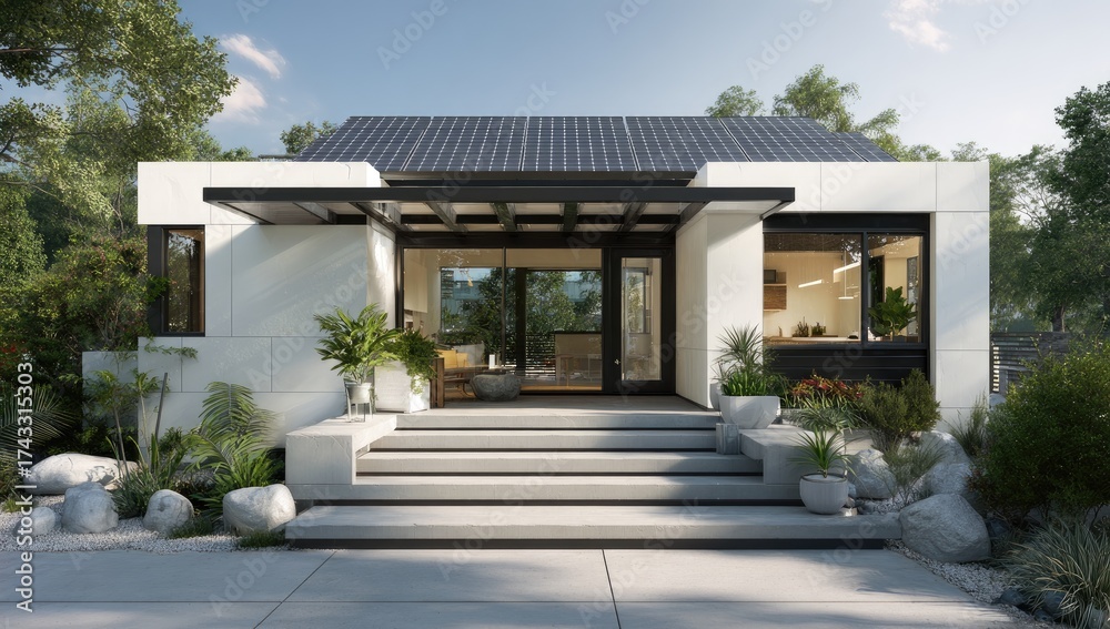 Fototapeta premium Modern house facade with white walls, dark roof, and concrete steps leading to a patio