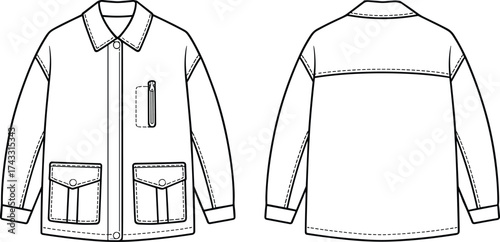 Technical flat sketch of zippered jacket front and back view, flap pockets, pointed collar, apparel design illustration, garment construction fashion template