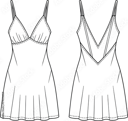 Technical fashion illustration of sleeveless dress front and back view, V‑neck design, pleated skirt, garment construction, apparel flat sketch template