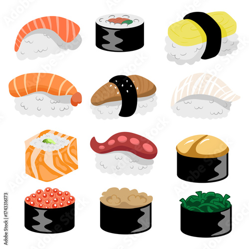 Cute Cartoon Flat Sushi Collection. Such as Salmon, Tako, Ebi, Tamako, Unagi, Temaki, Hotate and Toro. Vector Illustration about Food.