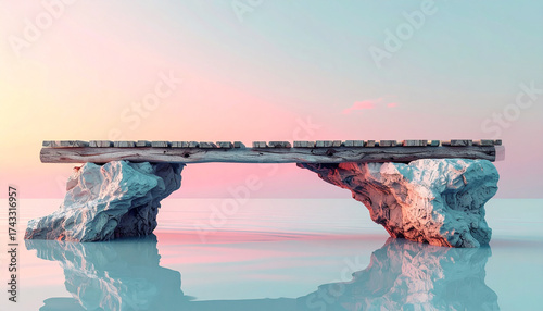 Minimal surreal composition with driftwood bridge resting on white rocks over calm pastel water, soft pink and blue sky, tranquil and dreamy atmosphere, peaceful landscape