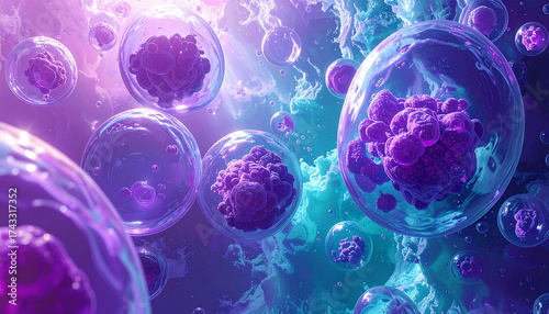 Purple cell transparent bubble scientific cyan realistic glowing biology abstract floating microscopic vibrant dreamy surreal organic luminous digital background medical futuristic fantasy cluster