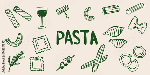 Hand drawn pasta lover doodle vector illustration sketch, Whimsical minimalistic vintage retro style graphics. 