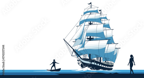 A majestic tall ship sails across the ocean with two figures observing from a distance.