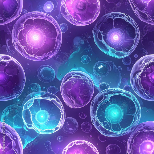 Glowing transparent biological cells with purple and cyan hues, seamless pattern, realistic texture, scientific and futuristic, vibrant and energetic mood