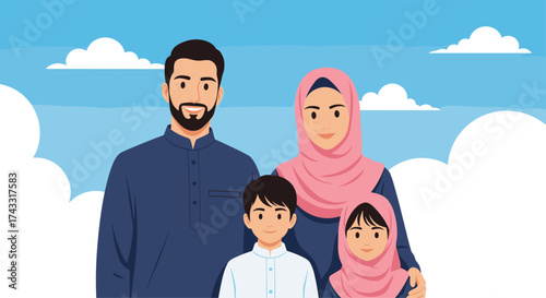 A Muslim family of four posing together in front of a blue sky with clouds.
