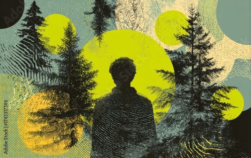 Silhouette in Forest with Abstract Circular Shapes