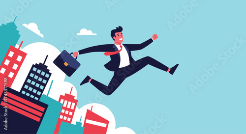 A businessman in a suit leaps across the city skyline in a dynamic and energetic motion.