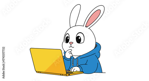 Cute rabbit wearing a blue hoodie contemplates a yellow laptop with a thoughtful expression.