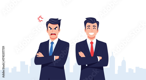 One businessman looks angry with crossed arms while the other smiles happily.