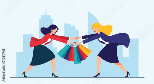 Two women are fighting over shopping bags in front of a cityscape.