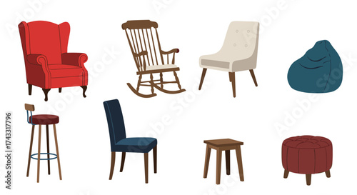 A collection of diverse seating furniture including chairs stools and ottomans.